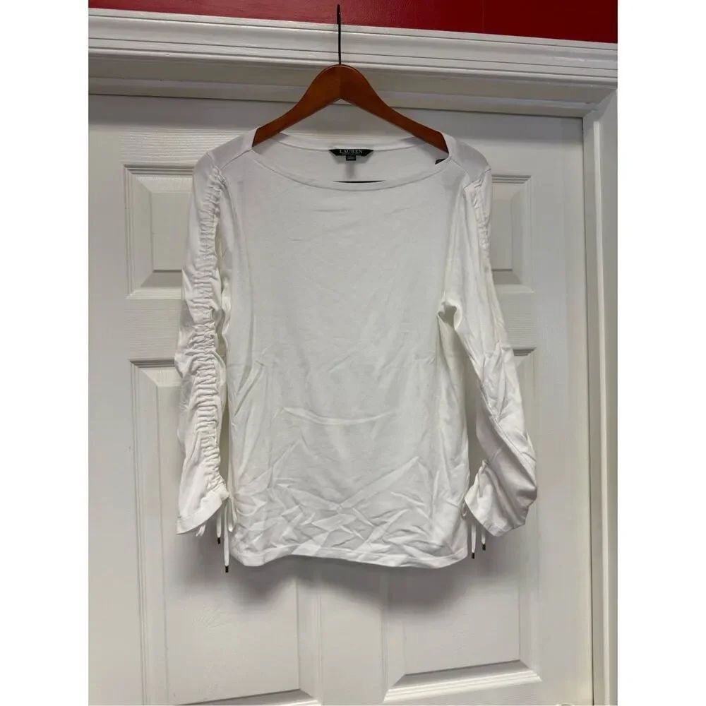 Lauren Ralph Lauren White Long Sleeve Ruched Boatneck Shirt sz XL EUC